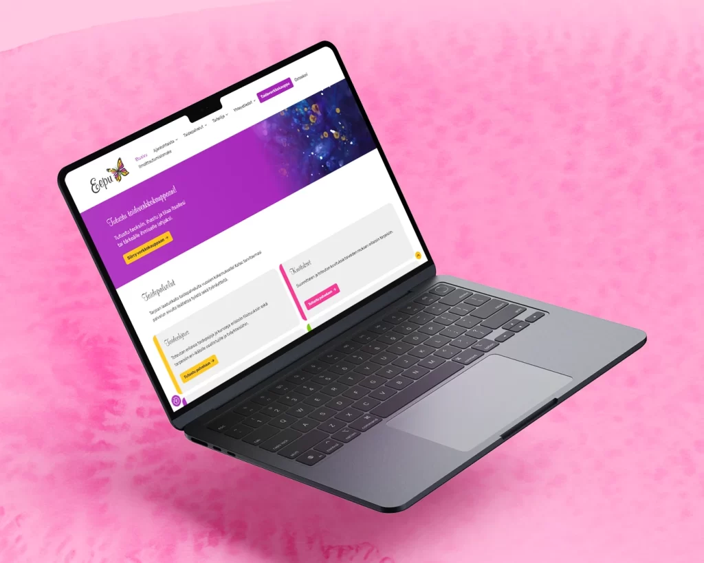 Eepun nettisivujen etusivu mallinnettuna tietokoneen näytölle. Etusivulla on verkkokauppaan linkittävä osio sekä palvelut listattu laatikoissa.
