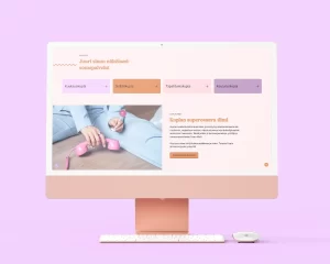 Kupla Socialin nettisivujen etusivun palvelu- ja tiimi-osiot mallinnettuna tietokoneen ruudulle. Näkymässä on Kuplan palvelut listattuna, kuvituskuva sekä lyhyt teksti Kuplan tiimistä.